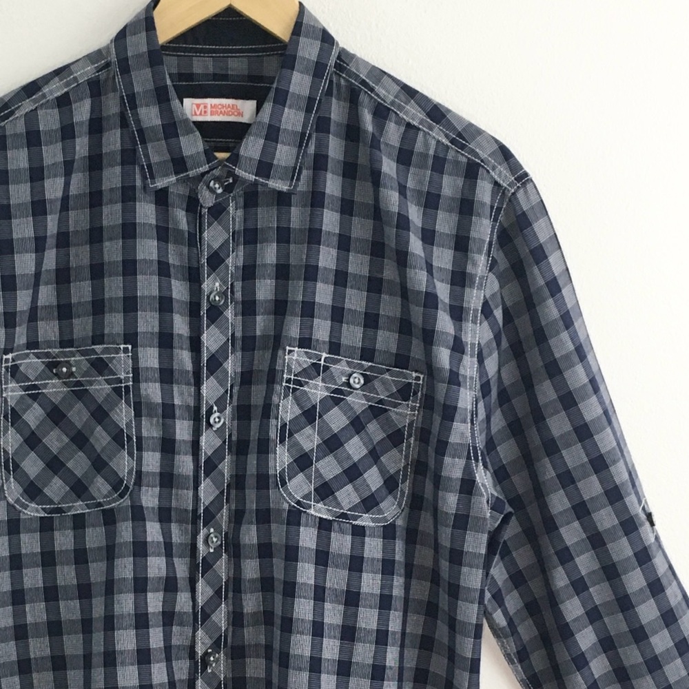 Michael Brandon | Navy & White Plaidl Button Down Shirt
